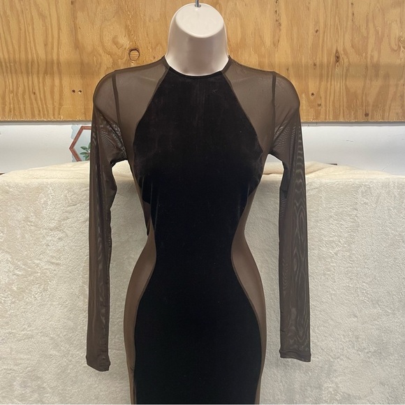 Naked Wardrobe long-sleeve brown Velvet dress sheer sides women’s small New - Picture 7 of 10